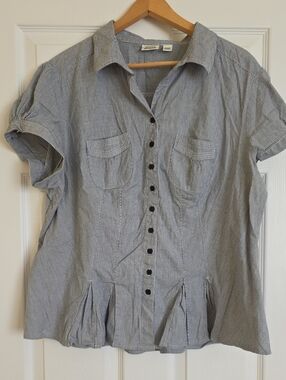 Talbots Blue-Striped Short Sleeve Button Front Blouse